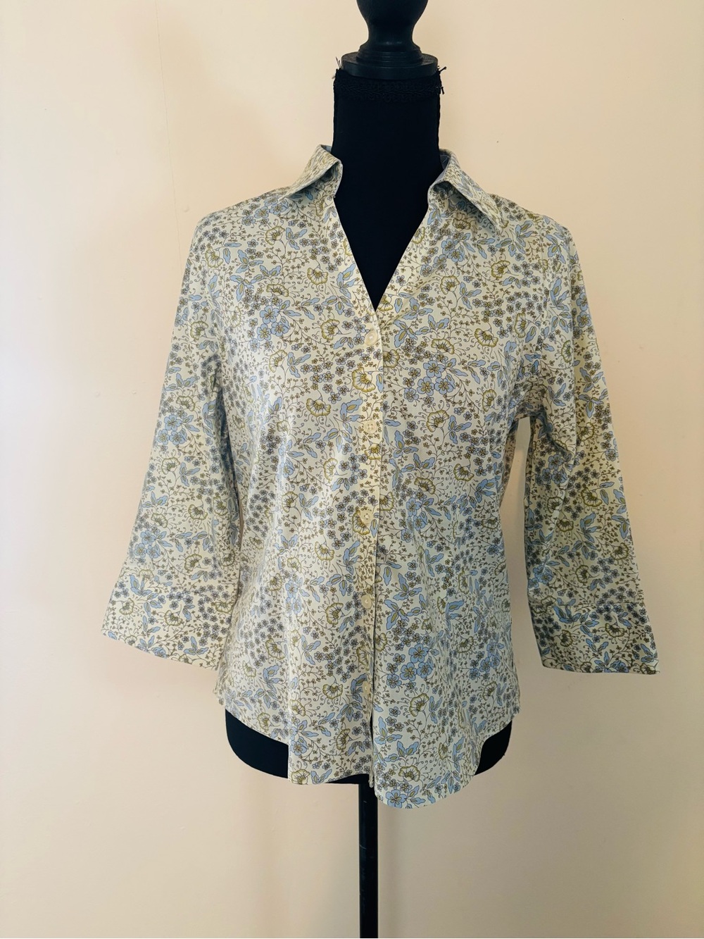 Eddie Bauer Blue and Cream Floral Button-Down Shirt